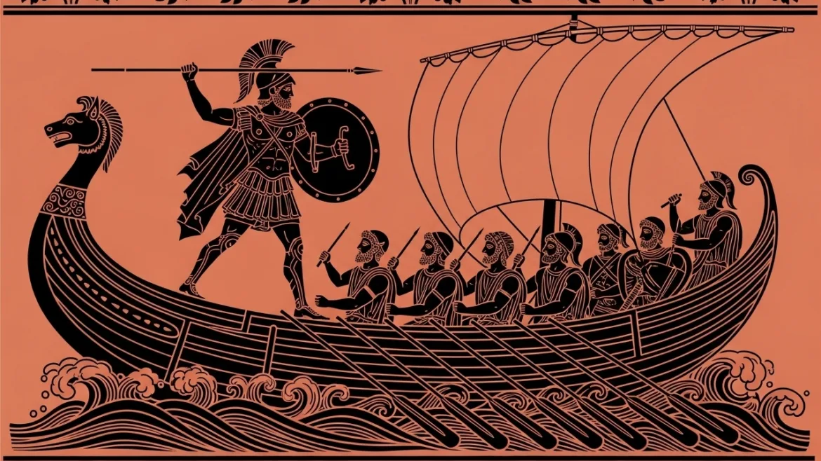 Jason leads the Argonauts on their journey – illustration inspired by ancient Greek art.