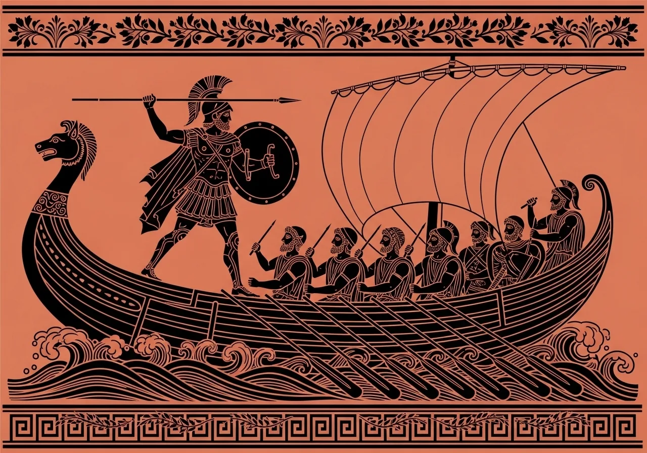 Ο Ιάσονας ηγείται των Αργοναυτών στο ταξίδι τους – εικονογράφηση εμπνευσμένη από την αρχαία ελληνική τέχνη.