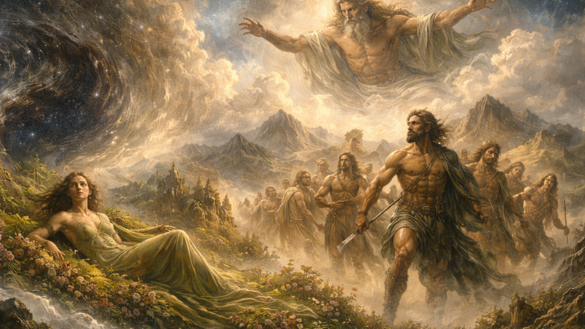 Αναλυτική παρουσίαση της ελληνικής κοσμογονίας: Χάος, Γαία, Τιτάνες, Τιτανομαχία και Ολύμπιοι θεοί.