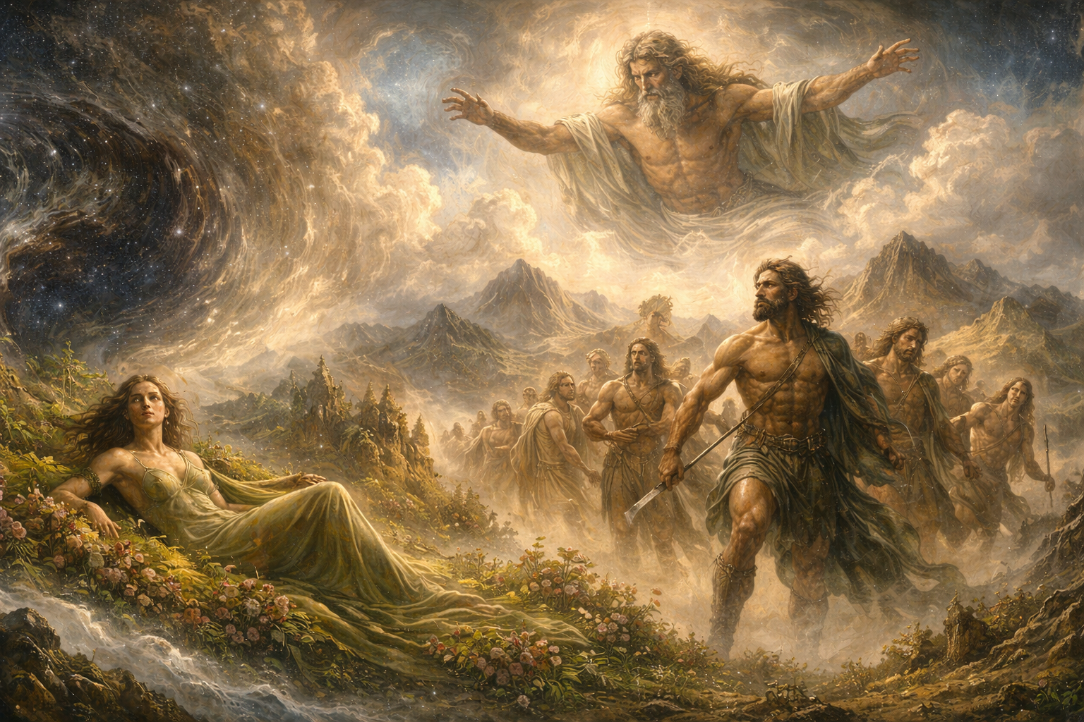 Αναλυτική παρουσίαση της ελληνικής κοσμογονίας: Χάος, Γαία, Τιτάνες, Τιτανομαχία και Ολύμπιοι θεοί.