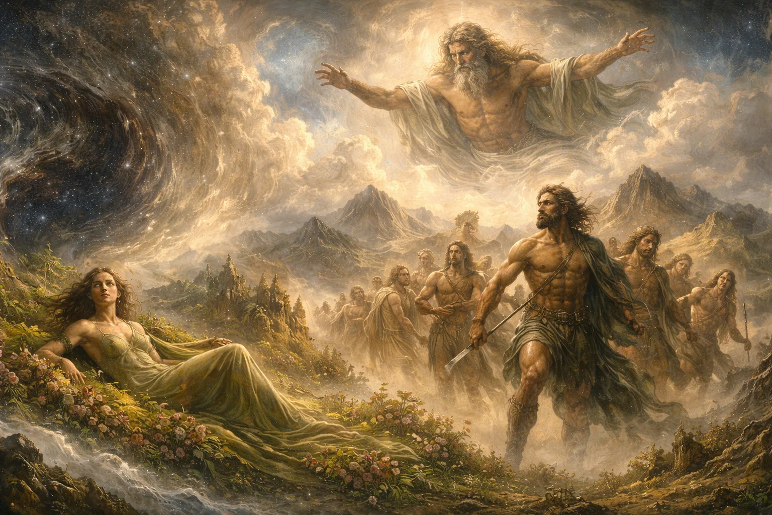 Αναλυτική παρουσίαση της ελληνικής κοσμογονίας: Χάος, Γαία, Τιτάνες, Τιτανομαχία και Ολύμπιοι θεοί.