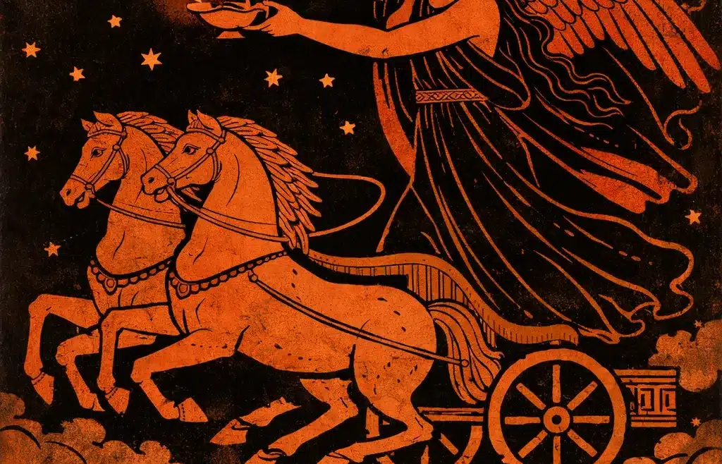 Η Νύξ, θεά της νύχτας στην ελληνική μυθολογία, σε αρχαιοελληνικό στυλ αγγειογραφίας με φτερά και άρμα κάτω από έναστρο ουρανό.