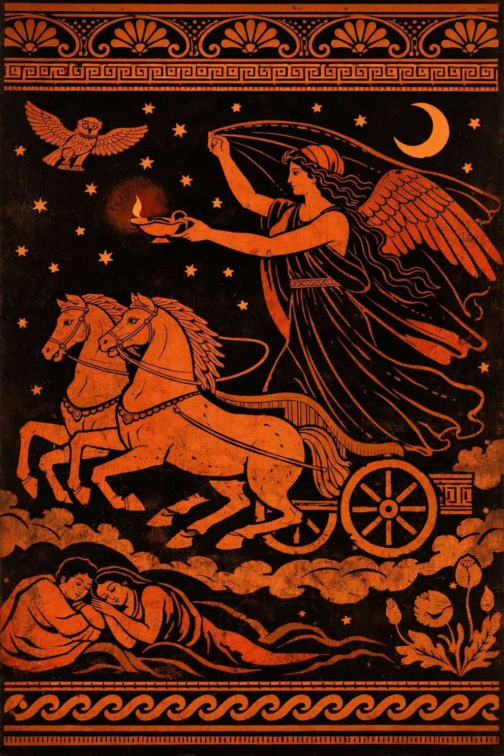 Η Νύξ, θεά της νύχτας στην ελληνική μυθολογία, σε αρχαιοελληνικό στυλ αγγειογραφίας με φτερά και άρμα κάτω από έναστρο ουρανό.