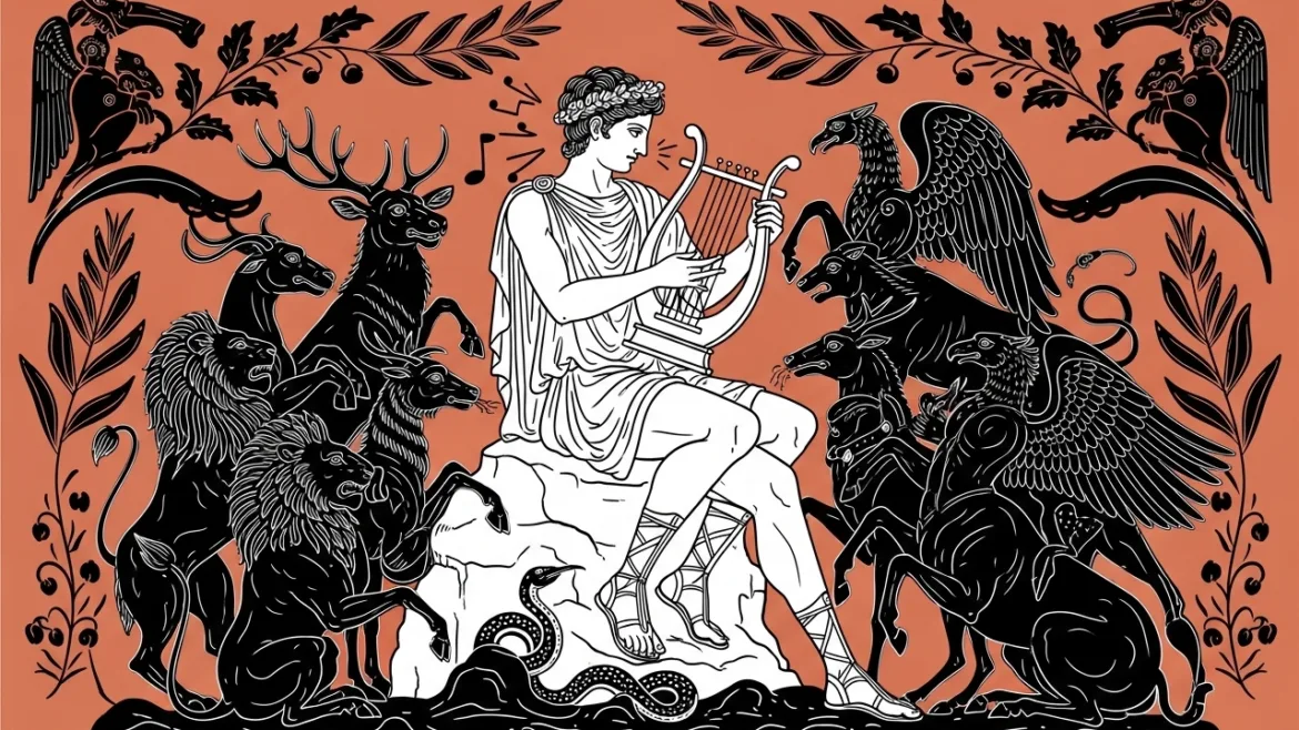 Orpheus plays his lyre and enchants animals and mythical creatures – illustration inspired by ancient Greek art.