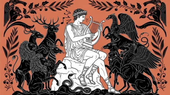 Orpheus plays his lyre and enchants animals and mythical creatures – illustration inspired by ancient Greek art.