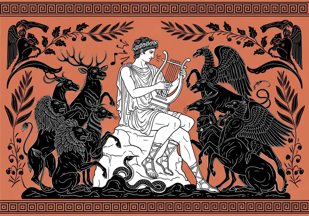 Orpheus plays his lyre and enchants animals and mythical creatures – illustration inspired by ancient Greek art.