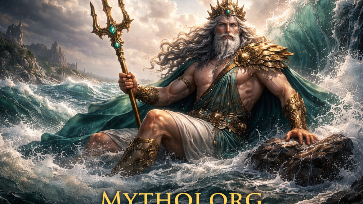Ο Ποσειδώνας, θεός της θάλασσας στην ελληνική μυθολογία, με τρίαινα να αναδύεται από τα κύματα.