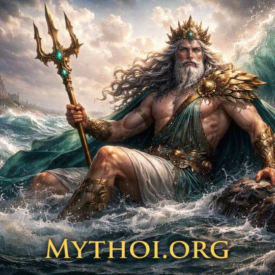 Ο Ποσειδώνας, θεός της θάλασσας στην ελληνική μυθολογία, με τρίαινα να αναδύεται από τα κύματα.