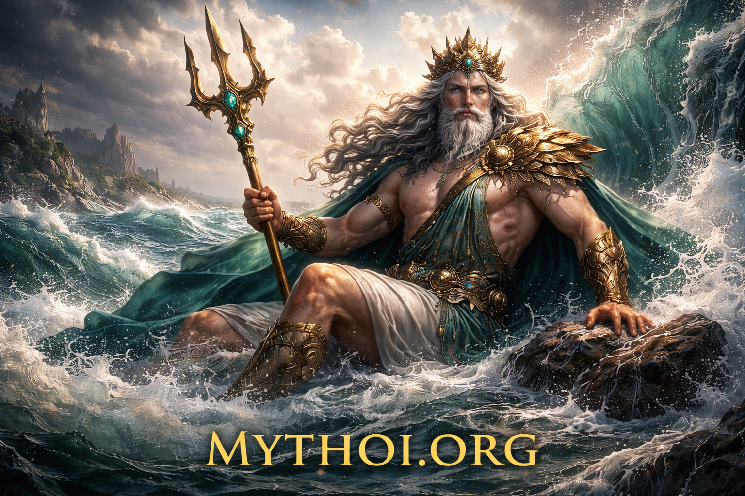 Ο Ποσειδώνας, θεός της θάλασσας στην ελληνική μυθολογία, με τρίαινα να αναδύεται από τα κύματα.