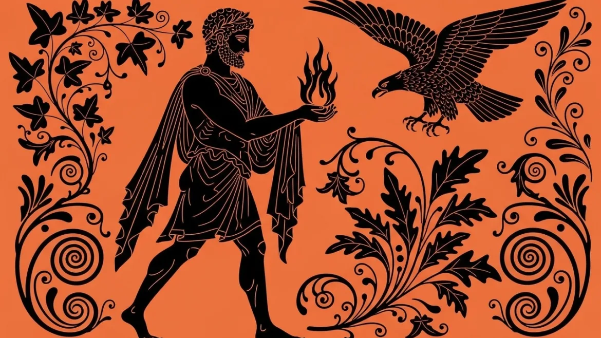 Prometheus steals fire for people – illustration inspired by ancient Greek art.