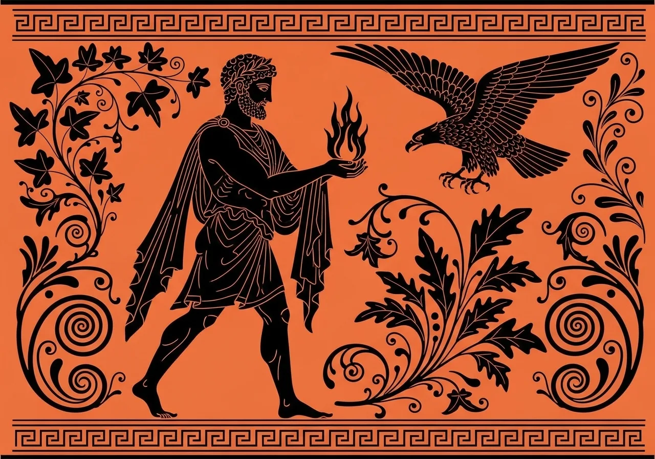 Prometheus steals fire for people – illustration inspired by ancient Greek art.