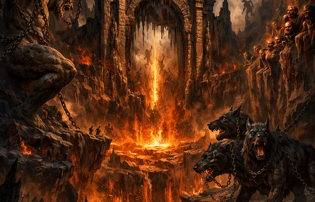 Σκοτεινή απεικόνιση του Τάρταρου στην ελληνική μυθολογία με πύλες της κόλασης, αλυσοδεμένους τιτάνες και φλεγόμενο τοπίο