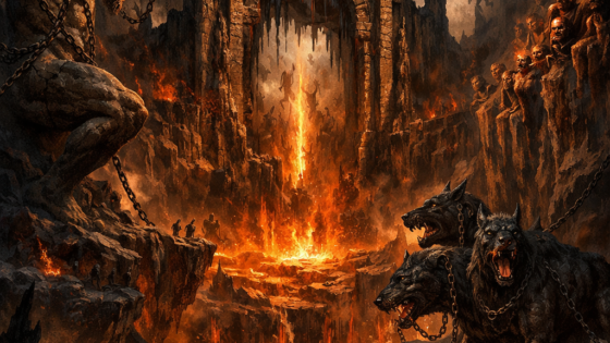 Σκοτεινή απεικόνιση του Τάρταρου στην ελληνική μυθολογία με πύλες της κόλασης, αλυσοδεμένους τιτάνες και φλεγόμενο τοπίο