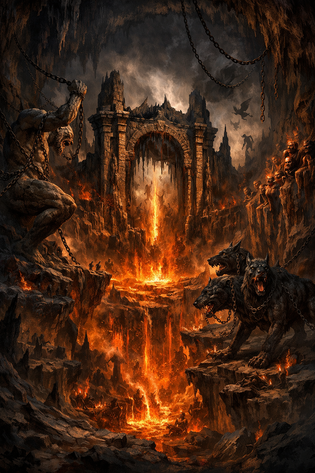 Σκοτεινή απεικόνιση του Τάρταρου στην ελληνική μυθολογία με πύλες της κόλασης, αλυσοδεμένους τιτάνες και φλεγόμενο τοπίο