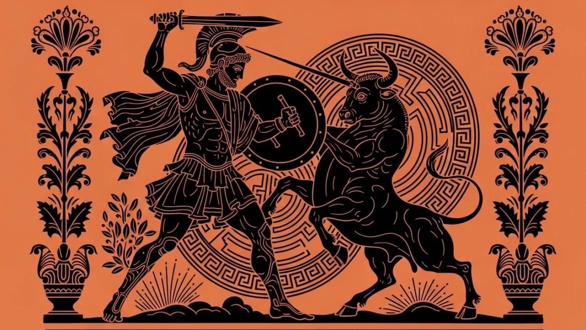 Theseus faces Minotaur in Labyrinth – illustration inspired by ancient Greek art.