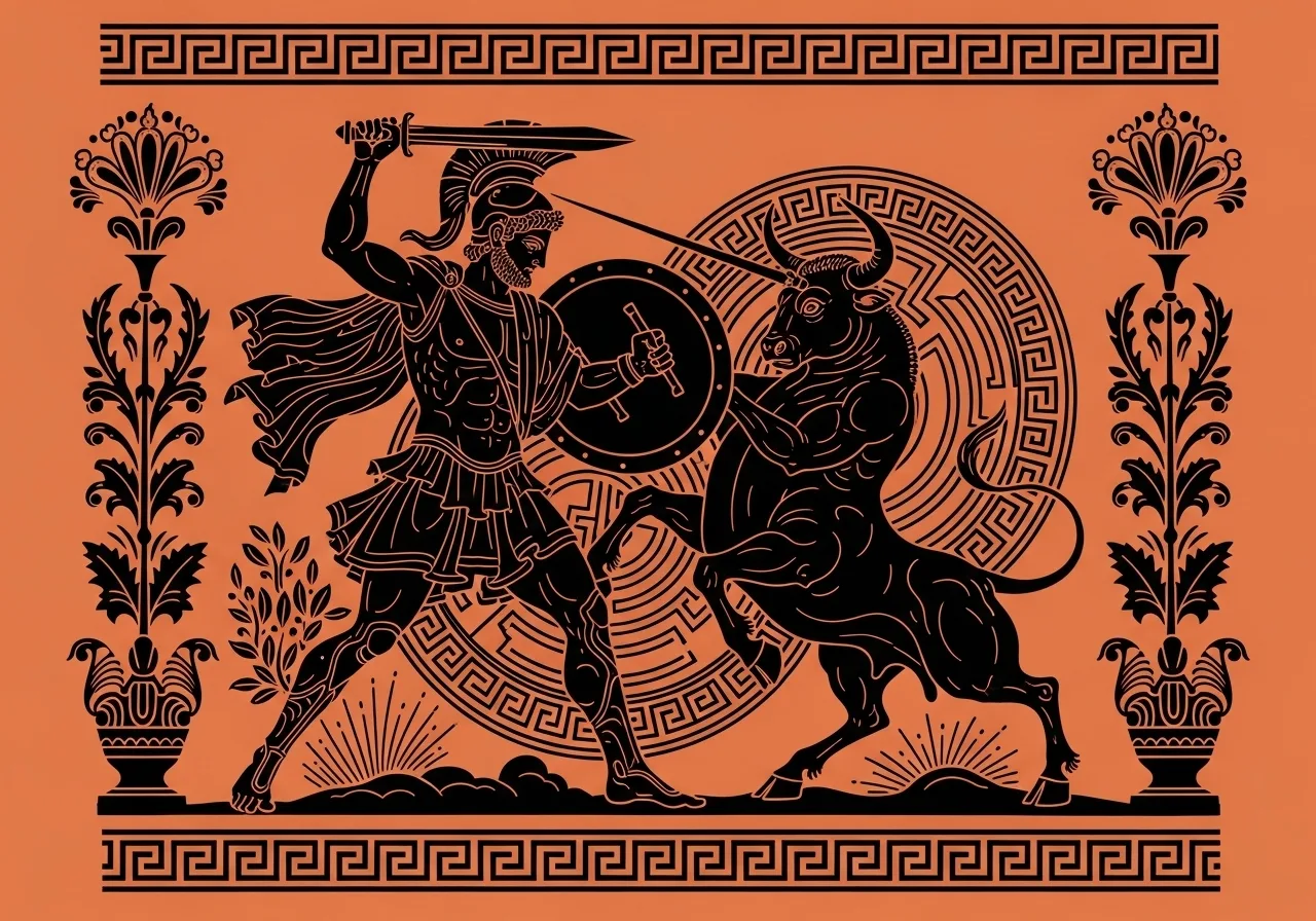 Theseus faces Minotaur in Labyrinth – illustration inspired by ancient Greek art.