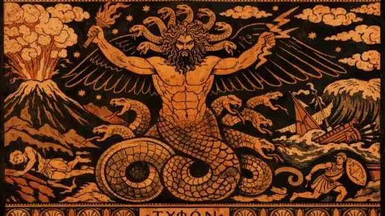 Τυφώνας (Typhon) σε αρχαιοελληνικό στυλ αγγειογραφίας με φιδίσια σώματα και φτερά, εμπνευσμένο από την Ελληνική Μυθολογία