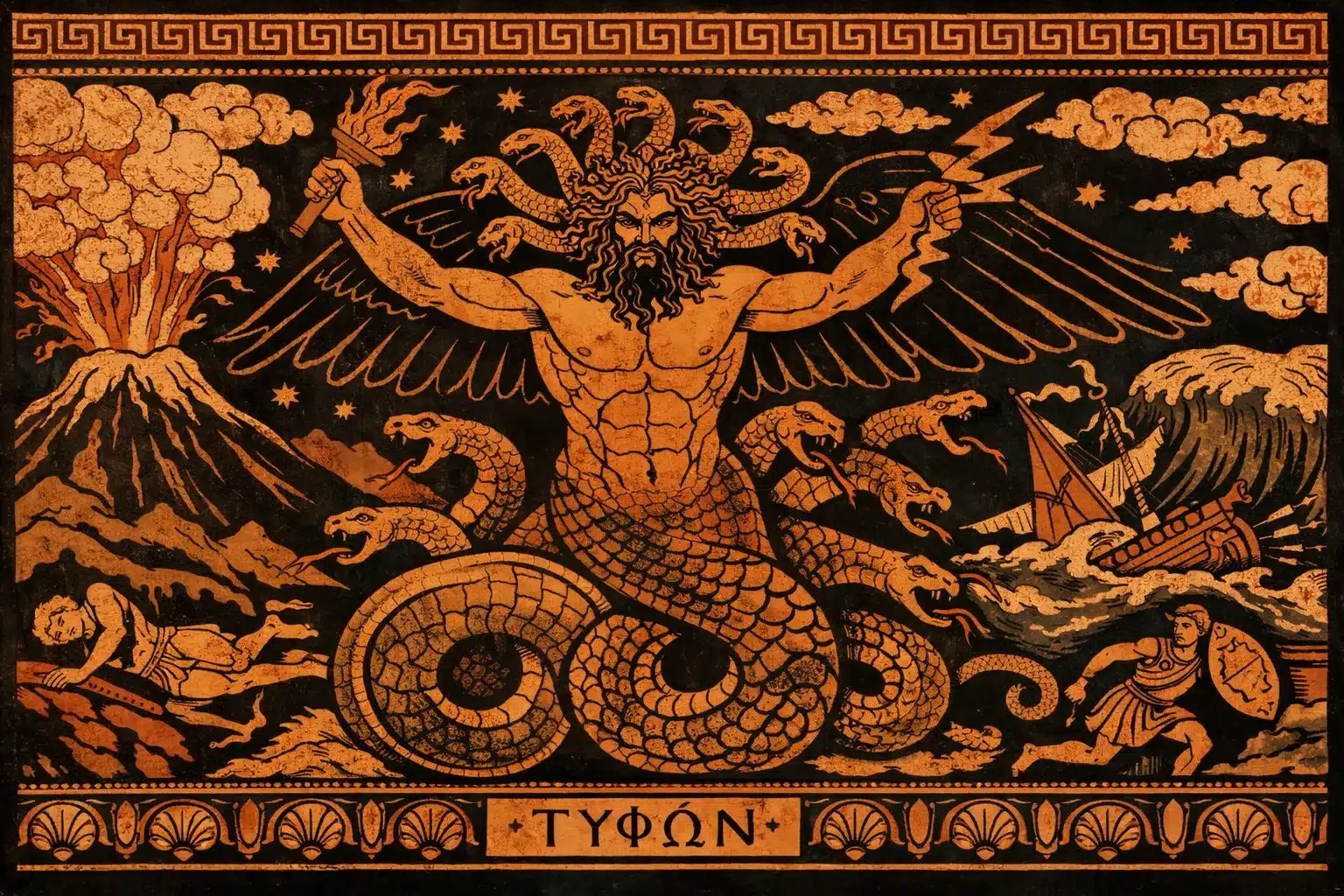 Τυφώνας (Typhon) σε αρχαιοελληνικό στυλ αγγειογραφίας με φιδίσια σώματα και φτερά, εμπνευσμένο από την Ελληνική Μυθολογία