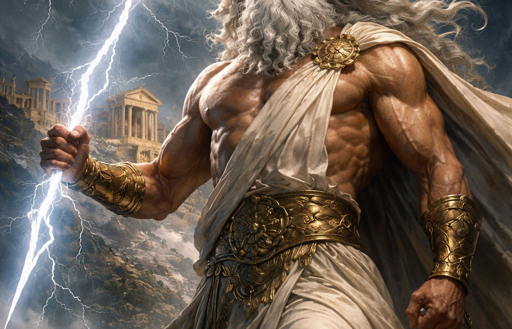 Ο Ζευς, βασιλιάς των Ολύμπιων θεών, με κεραυνό στο χέρι επάνω στον Όλυμπο σε κινηματογραφική απεικόνιση ελληνικής μυθολογίας
