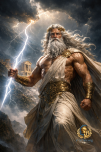 Zeus, king of the Olympian gods, with lightning in his hand on Olympus in a film depiction of Greek mythology