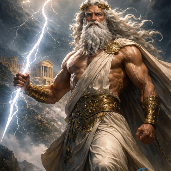 Ο Ζευς, βασιλιάς των Ολύμπιων θεών, με κεραυνό στο χέρι επάνω στον Όλυμπο σε κινηματογραφική απεικόνιση ελληνικής μυθολογίας