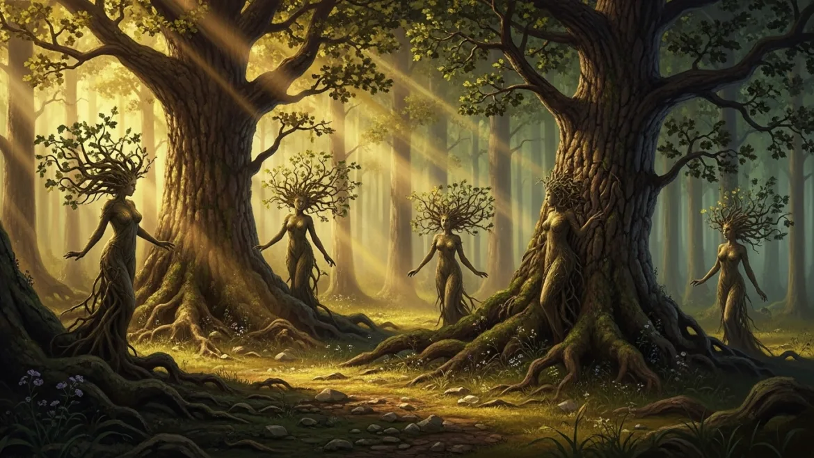 Δρυάδες, οι νύμφες των δέντρων της αρχαίας ελληνικής μυθολογίας, εμφανίζονται μέσα σε ένα ιερό δάσος με ήλιο να φιλτράρει μέσα από τα φύλλα, με φυσικά χρώματα και μαγευτική ατμόσφαιρα.