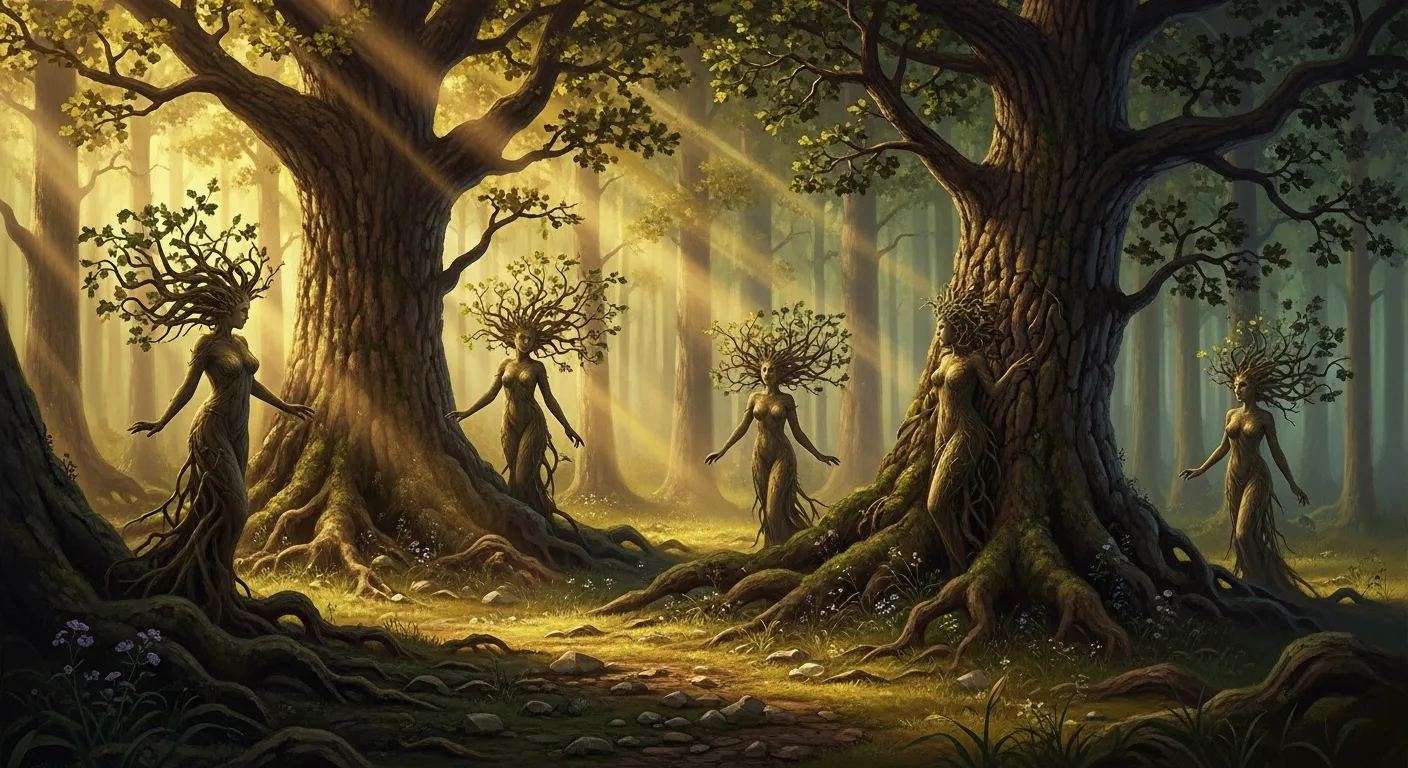 Dryades, the nymphs of the trees of ancient Greek mythology, appear within a sacred forest with sun filtering through the leaves, with natural colors and magnificent atmosphere.