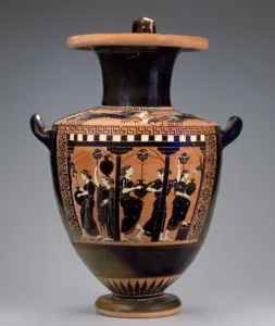 Dryades, the nymphs of the trees of ancient Greek mythology, appear within a sacred forest with sun filtering through the leaves, with natural colors and magnificent atmosphere.