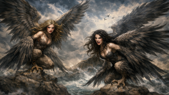 Άρπυιες της ελληνικής μυθολογίας με σώμα γυναίκας και φτερά αρπακτικού, πάνω σε βραχώδες τοπίο μέσα σε καταιγίδα