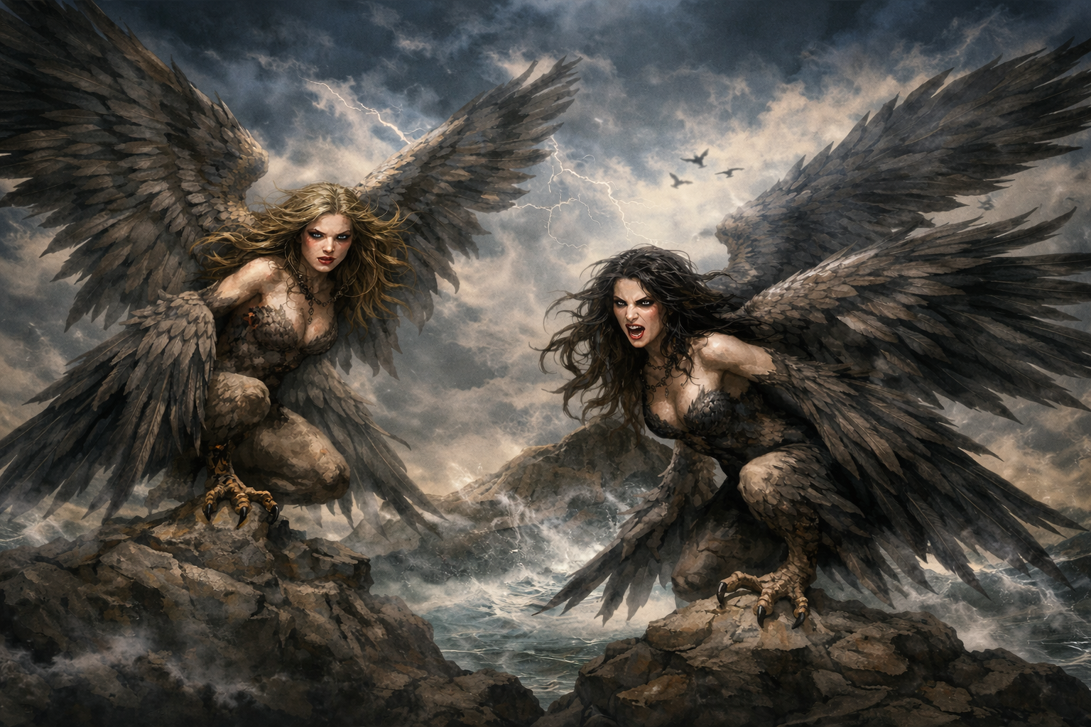 Άρπυιες της ελληνικής μυθολογίας με σώμα γυναίκας και φτερά αρπακτικού, πάνω σε βραχώδες τοπίο μέσα σε καταιγίδα