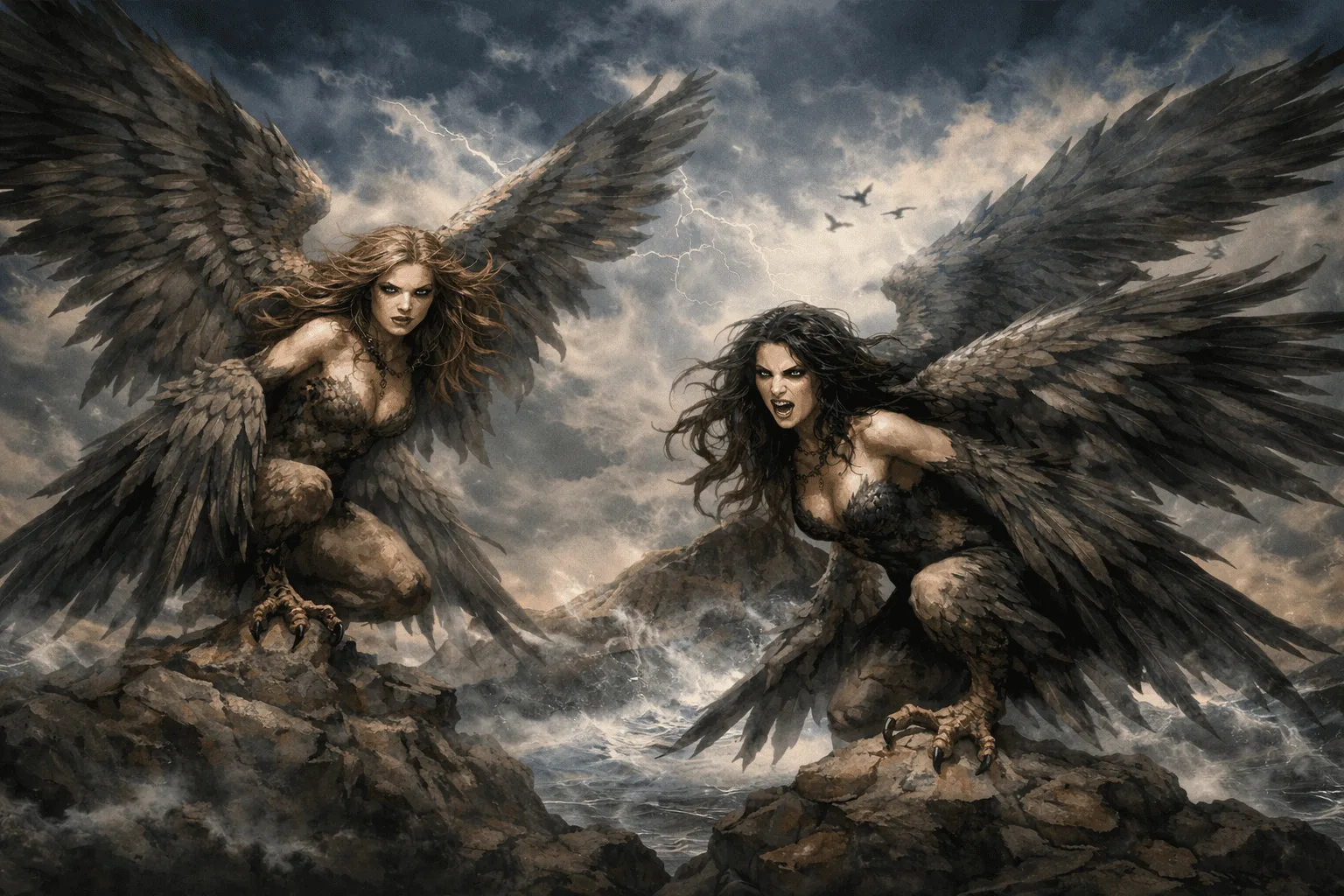 harpies of Greek mythology with the body of a woman and the wings of a predator, on a rocky landscape in a storm