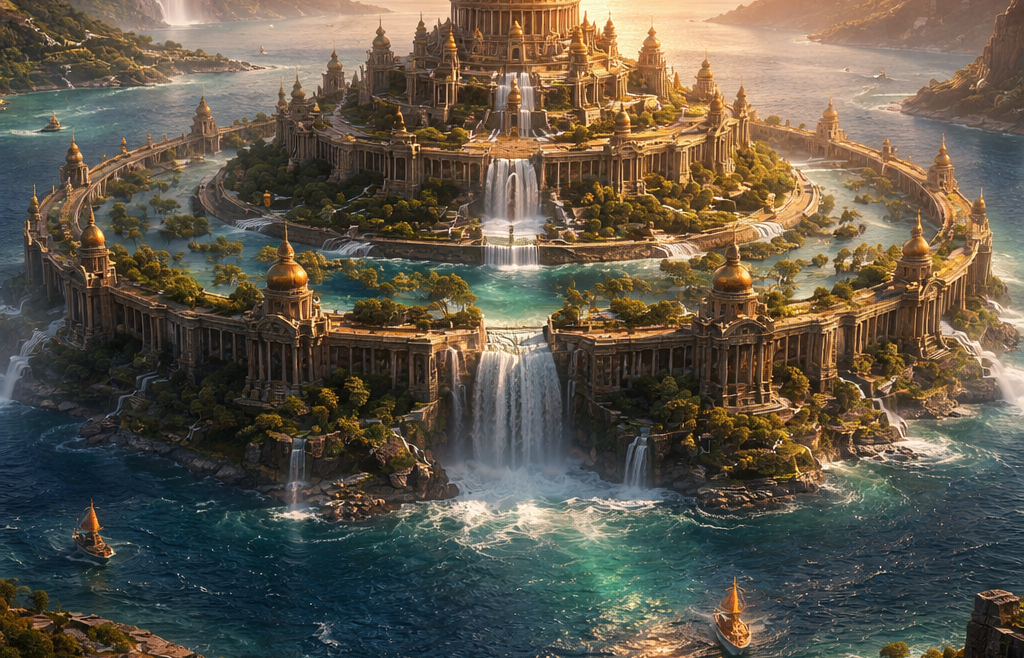 Ατλαντίδα, το χαμένο βασίλειο των Ατλάντων με κυκλική αρχιτεκτονική, ναούς του Ποσειδώνα και ομόκεντρα κανάλια στην ελληνική μυθολογία