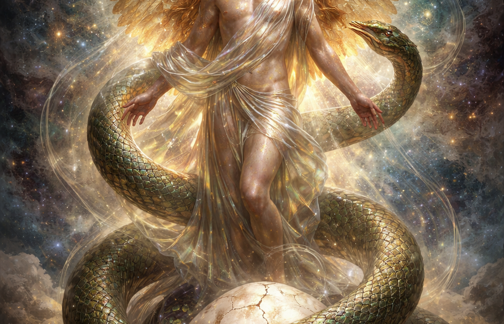 Ο Φάνης, αρχέγονος θεός της δημιουργίας στην Ορφική κοσμογονία, αναδύεται από το Κοσμικό Αυγό με χρυσά φτερά και φίδι