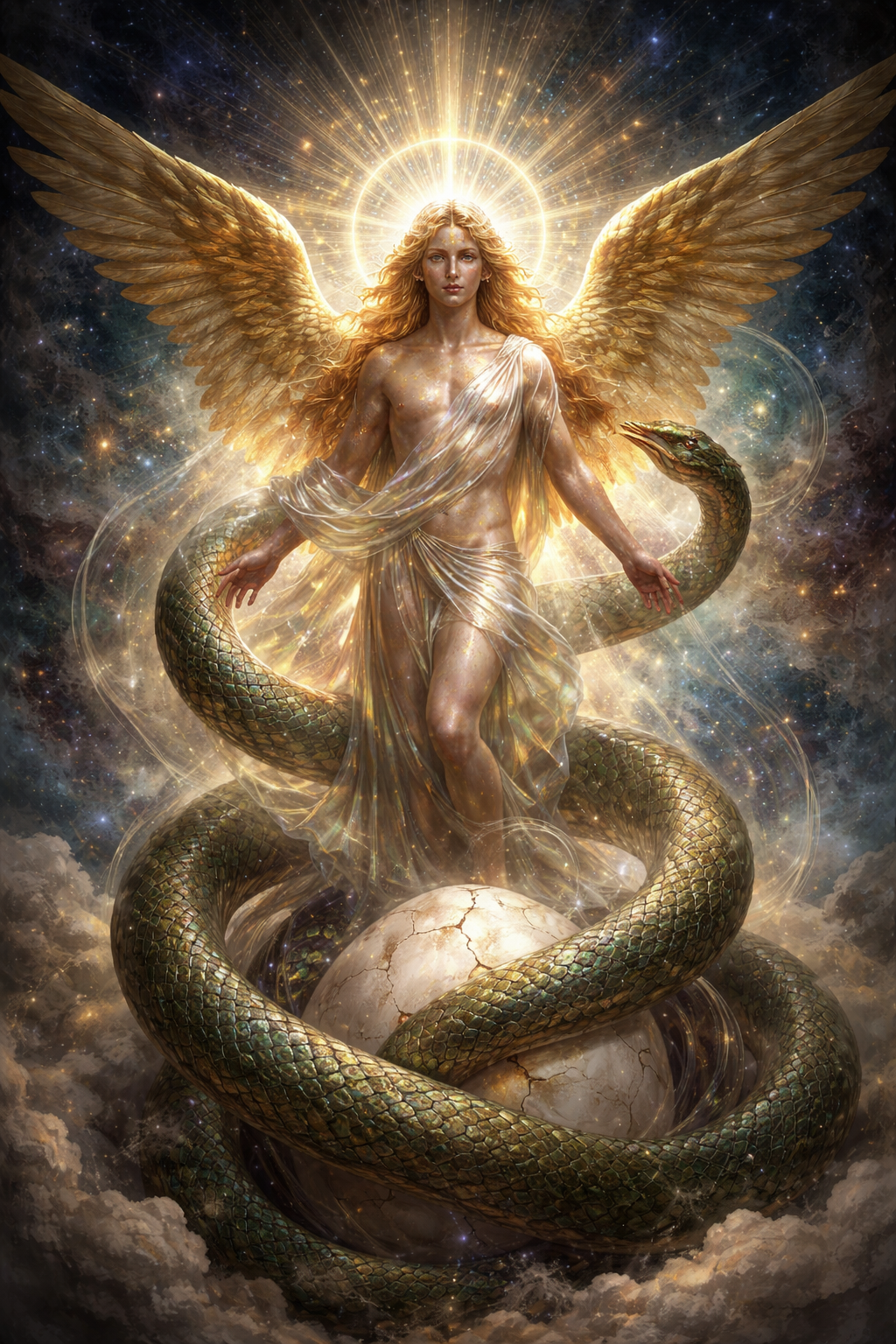 Ο Φάνης, αρχέγονος θεός της δημιουργίας στην Ορφική κοσμογονία, αναδύεται από το Κοσμικό Αυγό με χρυσά φτερά και φίδι