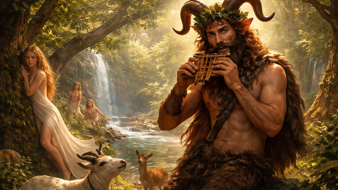 Ο θεός Παν παίζει σύριγγα σε ορεινό δάσος της Αρκαδίας, με μορφή ανθρώπου και τράγου, σε σκηνή ελληνικής μυθολογίας