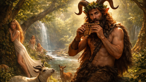 Ο θεός Παν παίζει σύριγγα σε ορεινό δάσος της Αρκαδίας, με μορφή ανθρώπου και τράγου, σε σκηνή ελληνικής μυθολογίας