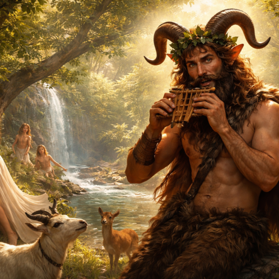 Ο θεός Παν παίζει σύριγγα σε ορεινό δάσος της Αρκαδίας, με μορφή ανθρώπου και τράγου, σε σκηνή ελληνικής μυθολογίας