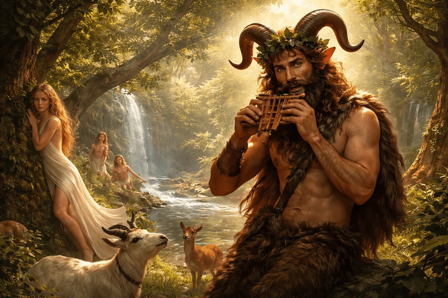 God Pan plays syringe in the mountainous forest of Arcadia, in the form of man and goat, in a scene of Greek mythology