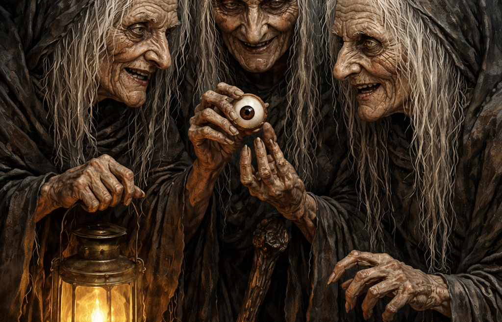 Οι Γραίες της ελληνικής μυθολογίας κρατούν το κοινό τους μάτι σε σκοτεινό βραχώδες τοπίο