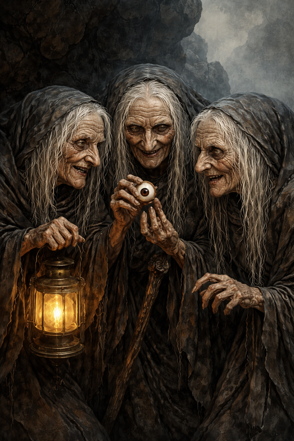 Οι Γραίες της ελληνικής μυθολογίας κρατούν το κοινό τους μάτι σε σκοτεινό βραχώδες τοπίο