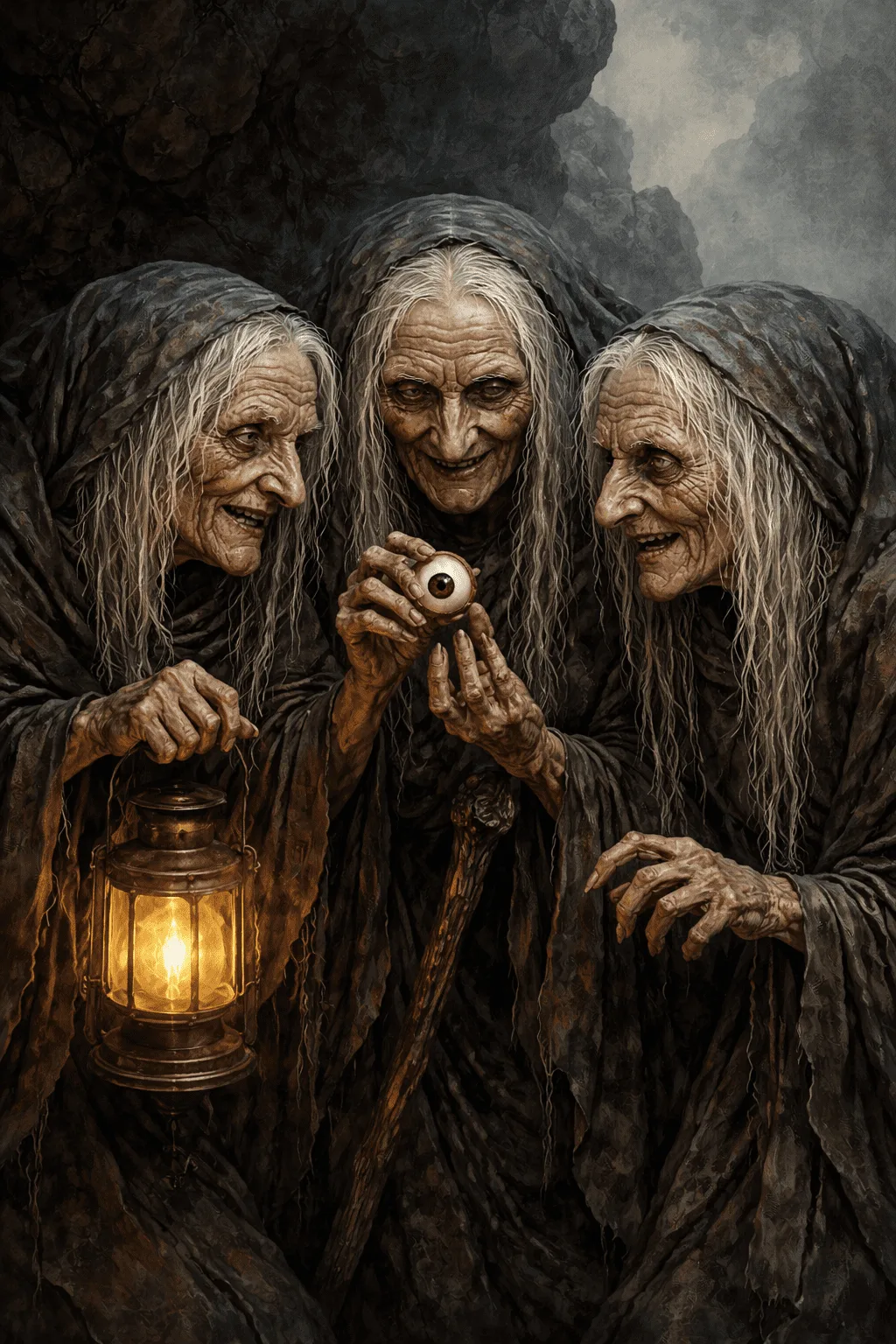 The Elders of Greek mythology keep their common eye in dark rocky landscape