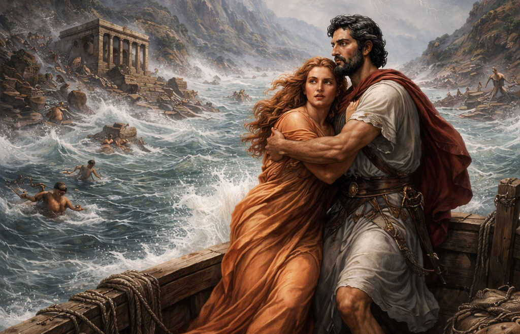 Ο Δευκαλίων και η Πύρρα σε κιβωτό κατά τον κατακλυσμό της αρχαίας ελληνικής μυθολογίας