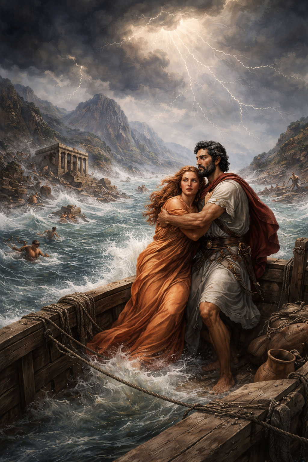 Ο Δευκαλίων και η Πύρρα σε κιβωτό κατά τον κατακλυσμό της αρχαίας ελληνικής μυθολογίας