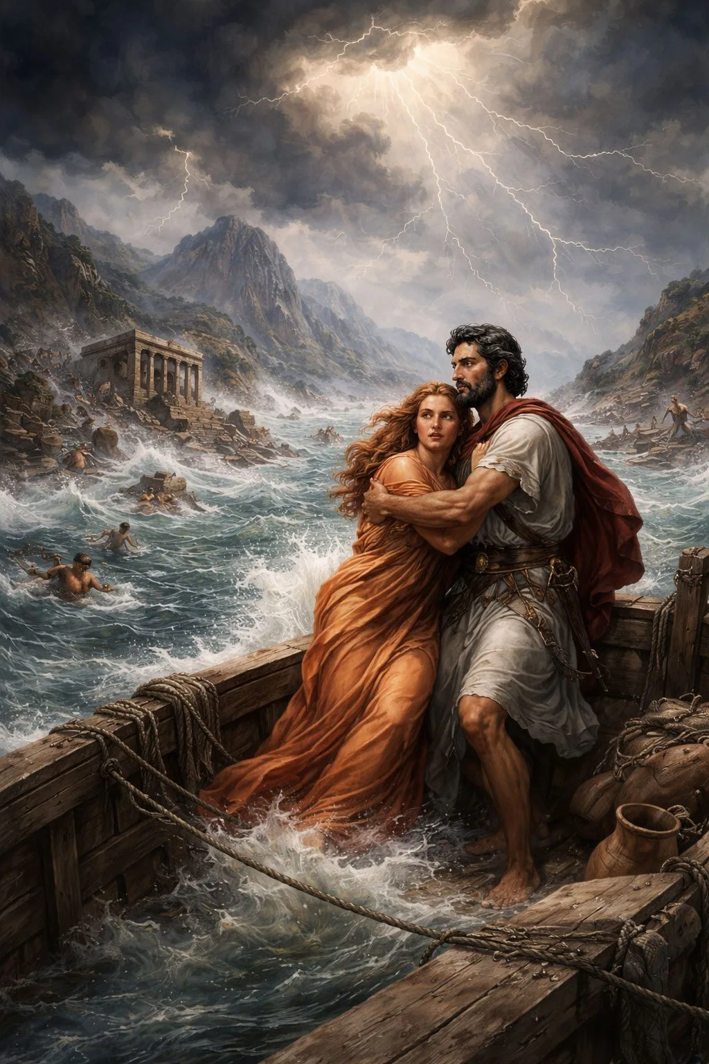 Deucalion and Pyrra in an ark during the flood of ancient Greek mythology