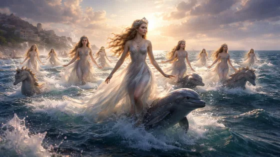 Οι Νηρηίδες, θαλάσσιες νύμφες της ελληνικής μυθολογίας, αναδύονται από τα κύματα του Αιγαίου καβαλώντας δελφίνια