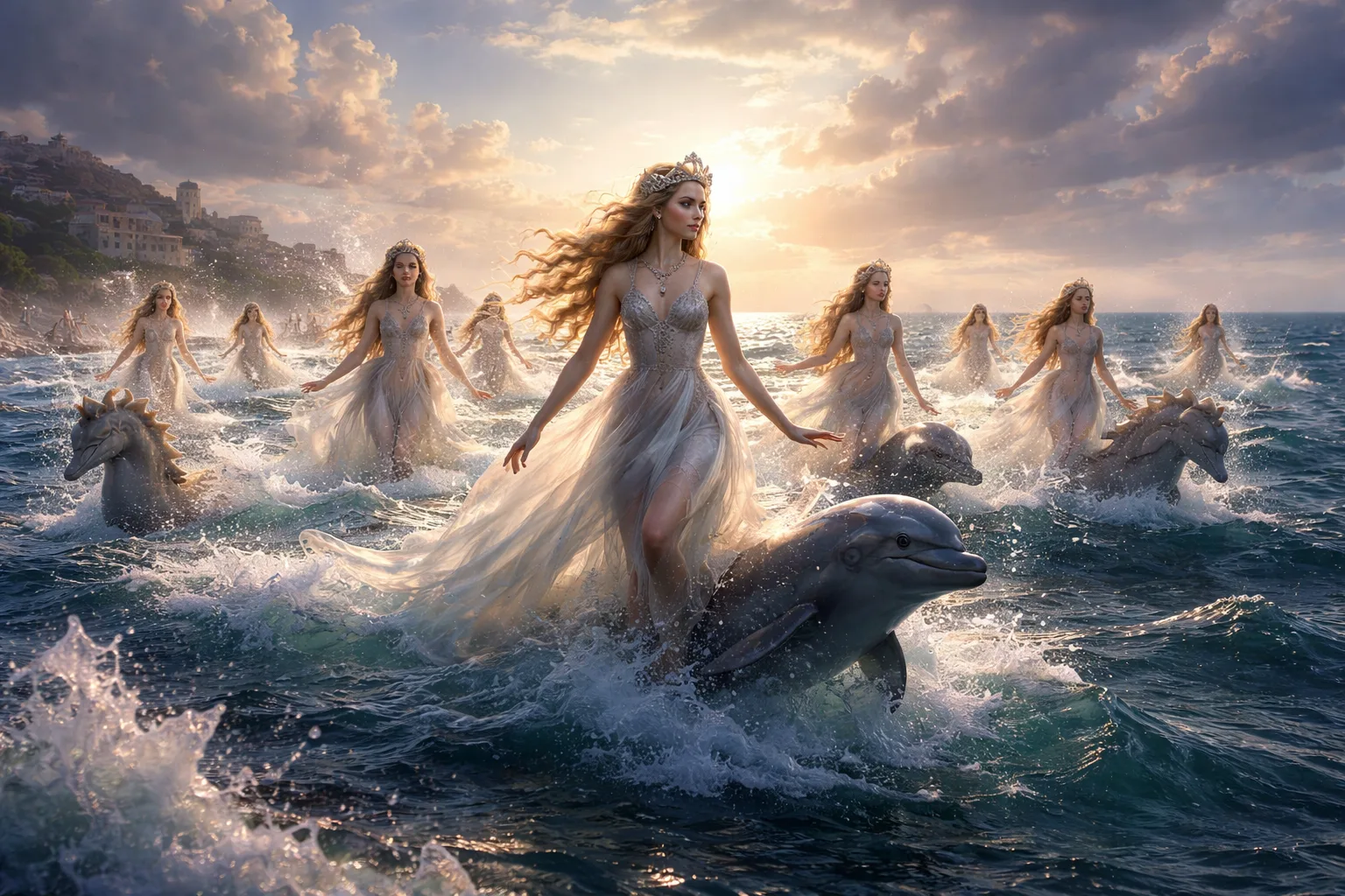 The Nereids, sea nymphs of Greek mythology, emerge from the waves of the Aegean Sea riding dolphins.
