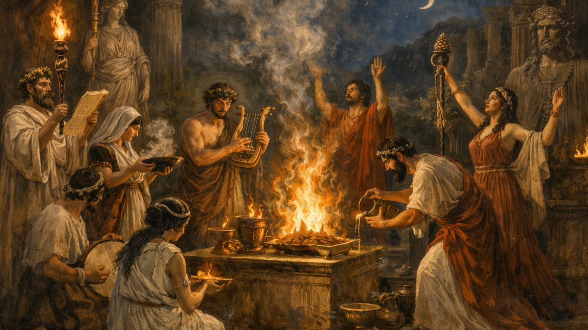 Ομάδα αρχαίων Ελλήνων κατά τη διάρκεια ορφικών τελετών με φωτιά, ύμνους και ιεροτελεστίες τη νύχτα