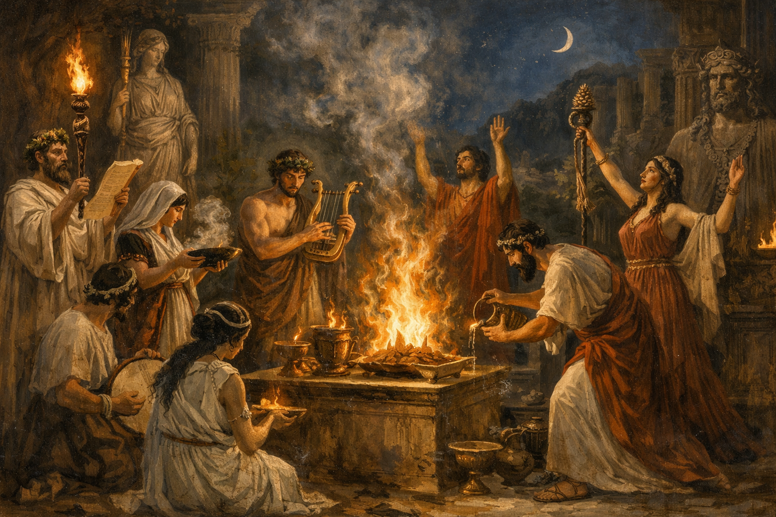 Ομάδα αρχαίων Ελλήνων κατά τη διάρκεια ορφικών τελετών με φωτιά, ύμνους και ιεροτελεστίες τη νύχτα