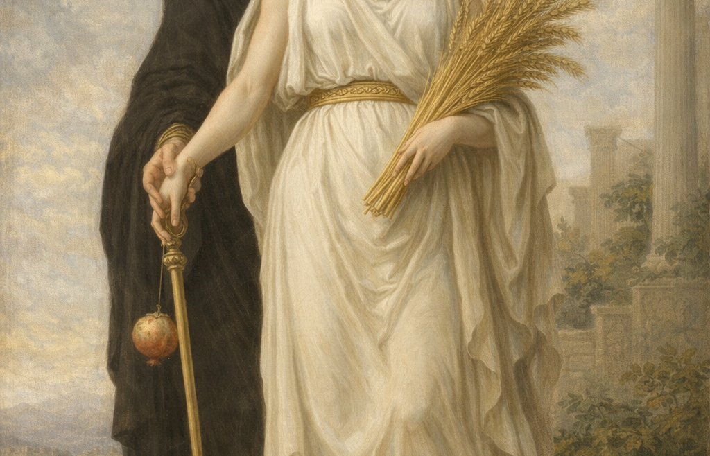 Η Περσεφόνη κρατά σύμβολα αναγέννησης, αντιπροσωπεύοντας τον κύκλο ζωής και θανάτου στην αρχαία ελληνική μυθολογία.