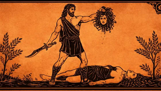 Περσέας κρατά το κεφάλι της Μέδουσας μετά τη νίκη του – εικονογράφηση εμπνευσμένη από την αρχαία ελληνική αγγειογραφία.